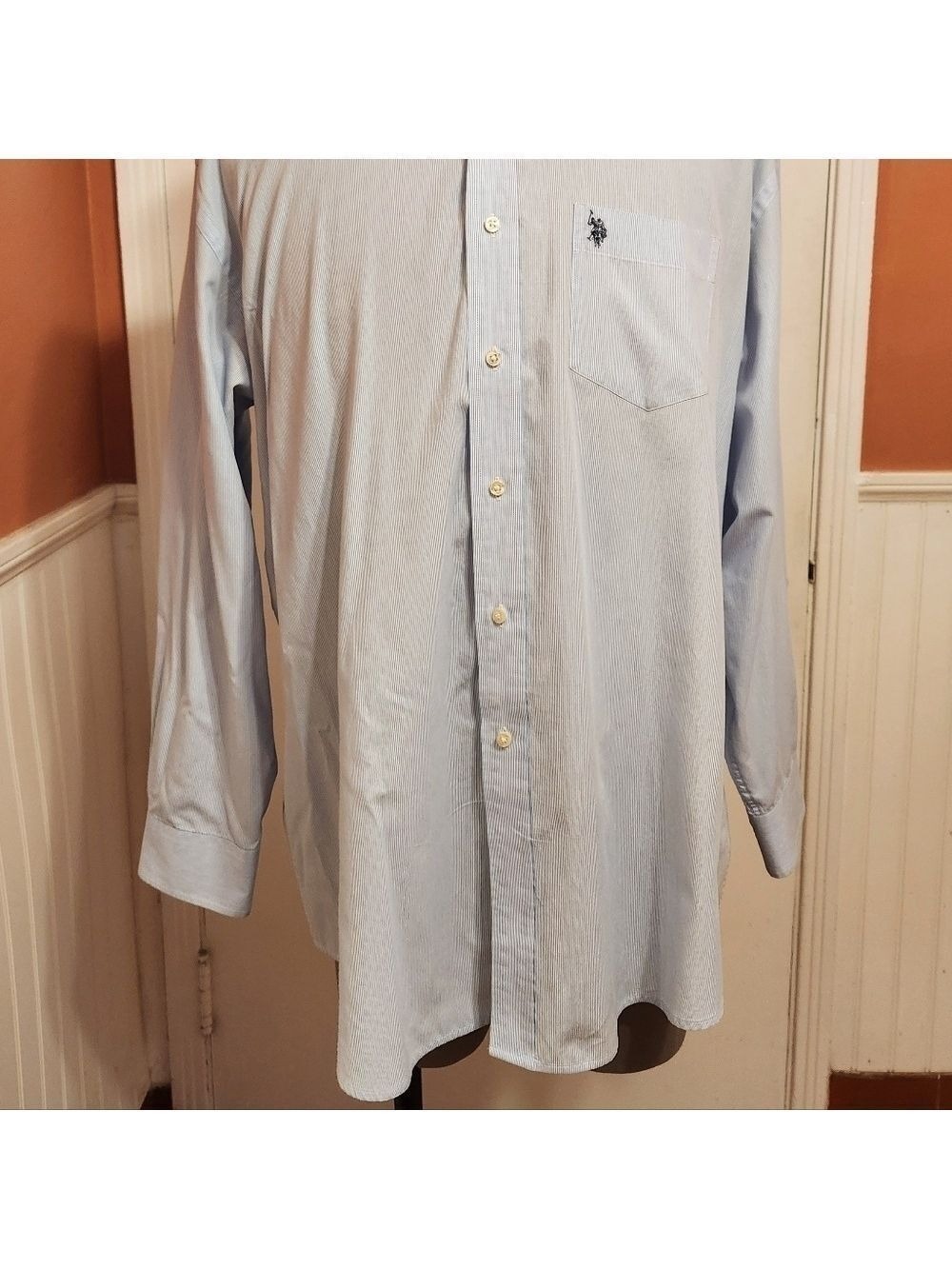 US Polo Assn Blue White Pin Stripe Dress Shirt Large - Picture 4 of 11